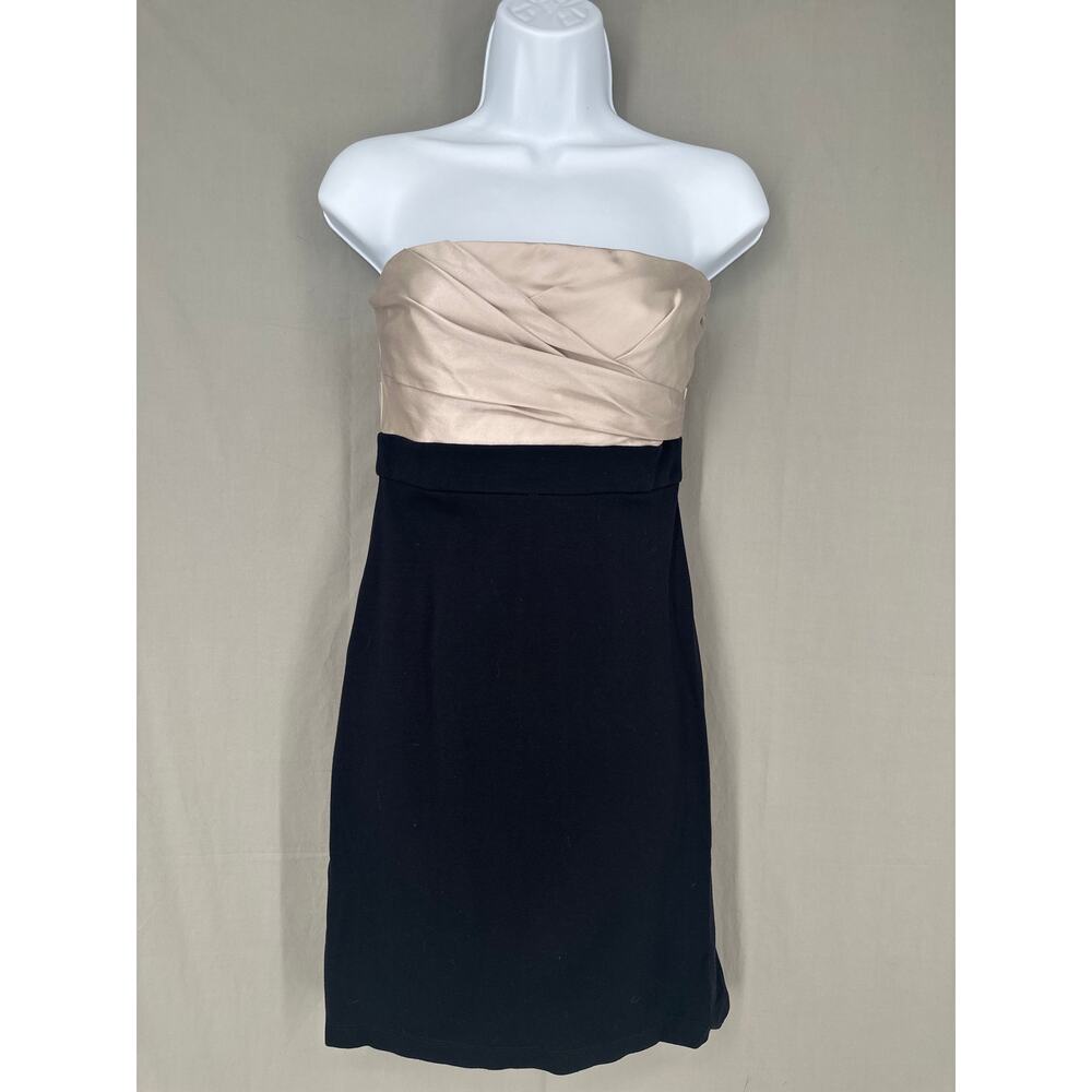 Y2K Vintage Dress Womens 6 Black Mini Beige Silk Strapless 90s Minimalist Party
